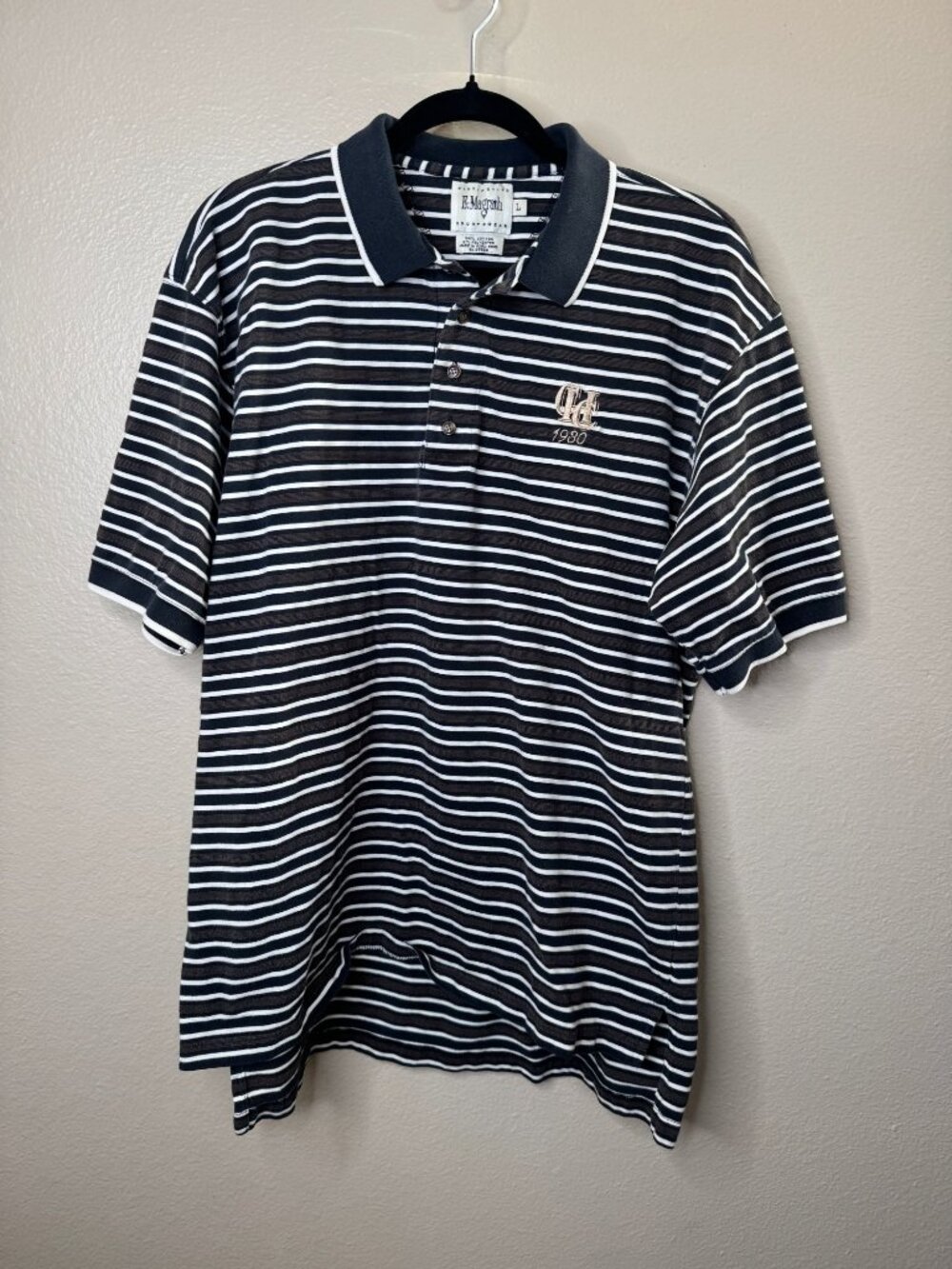 E. Magrath Mens Striped Polo Shirt Blue White 1990 Embroidered Golf Logo Large